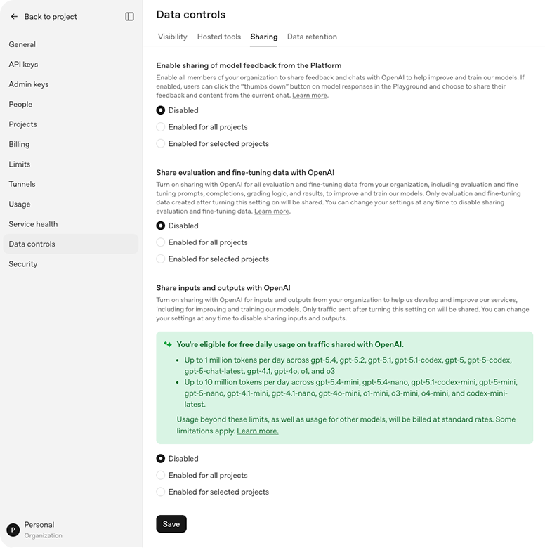 OpenAI data controls, all sharing options disabled
